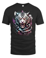 Fierce White Tiger Warrior Fantasy T-Shirt - black t-shirt on white background