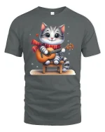 Cute Cat Playing Guitar Cartoon T-Shirt - gray t-shirt on white background
