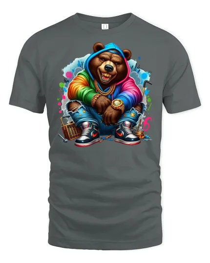 Street Style Hip Hop Bear T-Shirt - gray t-shirt on white background