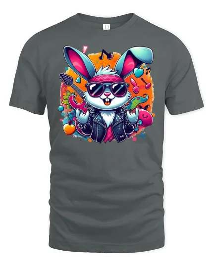 Rockstar Bunny Music Graphic T-Shirt - gray t-shirt on white background