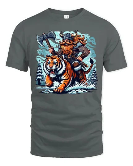 Viking Warrior Riding Fierce Tiger T-Shirt - gray t-shirt on white background