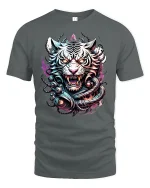 Fierce White Tiger Warrior Fantasy T-Shirt - gray t-shirt on white background