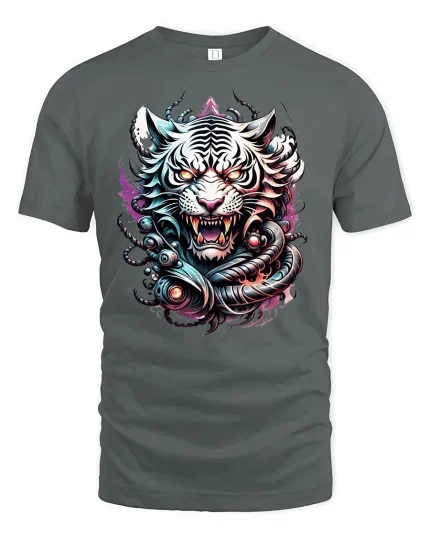 Fierce White Tiger Warrior Fantasy T-Shirt - gray t-shirt on white background