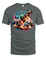 T-Rex vs Monster Trucks Action T-Shirt - gray t-shirt on white background