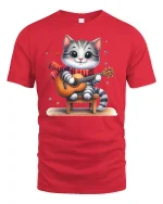 Cute Cat Playing Guitar Cartoon T-Shirt - red t-shirt on white background