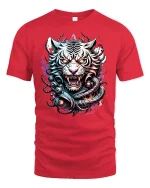 Fierce White Tiger Warrior Fantasy T-Shirt - red t-shirt on white background
