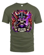 Viking Skull Warrior with Flames T-Shirt - military green t-shirt on white background