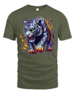Fierce White Tiger with Flames T-Shirt - military green t-shirt on white background