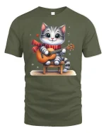 Cute Cat Playing Guitar Cartoon T-Shirt - military green t-shirt on white background