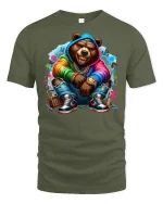 Street Style Hip Hop Bear T-Shirt - military green t-shirt on white background