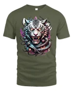 Fierce White Tiger Warrior Fantasy T-Shirt - military green t-shirt on white background