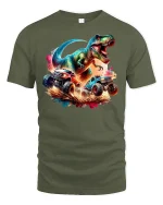 T-Rex vs Monster Trucks Action T-Shirt - military green t-shirt on white background