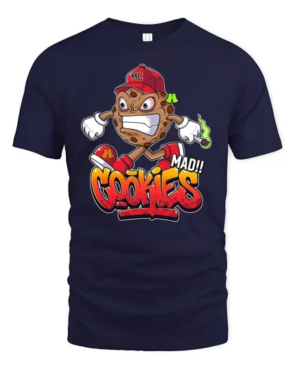 Mad Cookie Cartoon Graphic Funny T-Shirt - navy t-shirt on white background