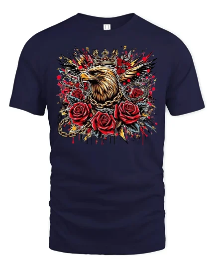 Crowned Eagle with Roses T-Shirt - navy t-shirt on white background