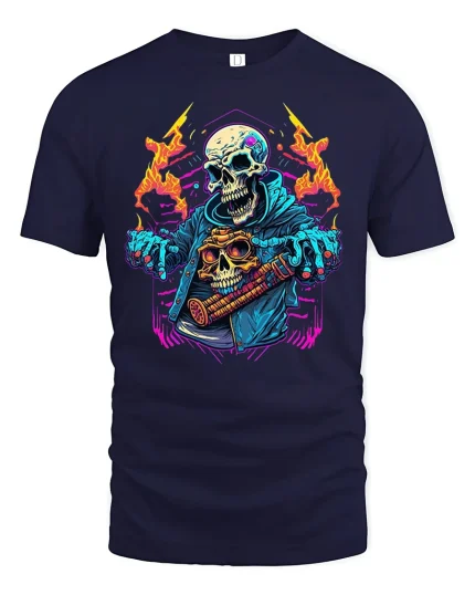 Flaming Skull Streetwear Graphic T-Shirt - navy t-shirt on white background