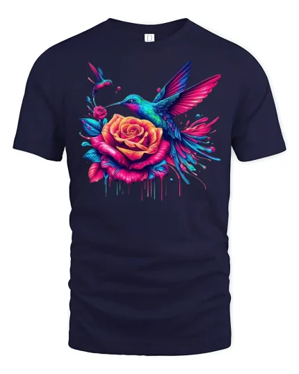 Vibrant Hummingbird and Rose T-Shirt - navy t-shirt on white background