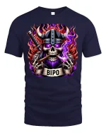 Viking Skull Warrior with Flames T-Shirt - navy t-shirt on white background