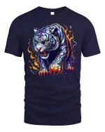 Fierce White Tiger with Flames T-Shirt - navy t-shirt on white background