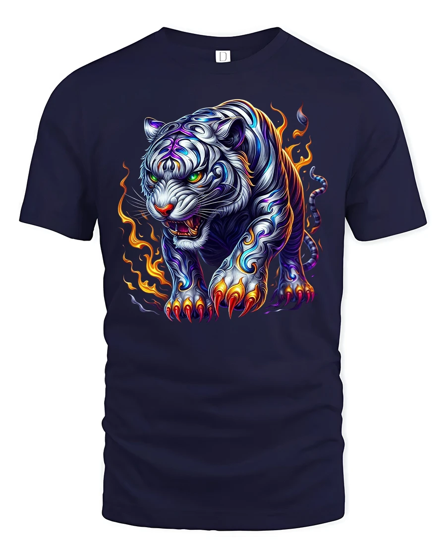 Fierce White Tiger with Flames T-Shirt - 1 Fierce White Tiger with Flames T-Shirt - navy t-shirt on white background