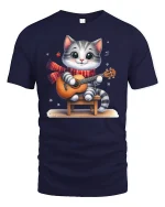 Cute Cat Playing Guitar Cartoon T-Shirt - navy t-shirt on white background
