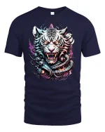 Fierce White Tiger Warrior Fantasy T-Shirt - navy t-shirt on white background