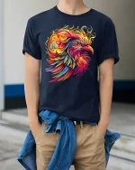Fierce Phoenix Flame Art Graphic T-Shirt - model wearing Navy T-shirt, hands in pockets, denim shirt at waist