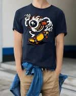 Cool Eyeball Skater Graphic T-Shirt - model wearing Navy T-shirt, hands in pockets, denim shirt at waist