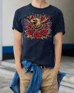 Crowned Eagle with Roses T-Shirt - model wearing Navy T-shirt, hands in pockets, denim shirt at waist