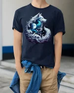 Moonlight Wolf Spirit Fantasy T-Shirt - model wearing Navy T-shirt, hands in pockets, denim shirt at waist