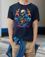 Flaming Skull Streetwear Graphic T-Shirt - model wearing Navy T-shirt, hands in pockets, denim shirt at waist