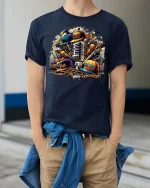 Hip Hop Microphone Streetwear T-Shirt - model wearing Navy T-shirt, hands in pockets, denim shirt at waist