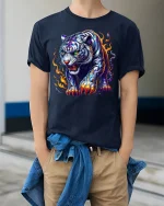 Fierce White Tiger with Flames T-Shirt - model wearing Navy T-shirt, hands in pockets, denim shirt at waist