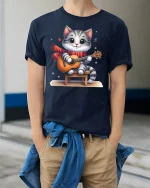 Cute Cat Playing Guitar Cartoon T-Shirt - model wearing Navy T-shirt, hands in pockets, denim shirt at waist