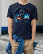 Fierce Blue Flame Dragon T-Shirt - model wearing Navy T-shirt, hands in pockets, denim shirt at waist