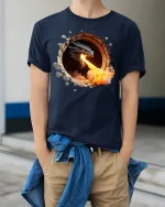 Fire Breathing Dragon Wall Break T-Shirt - model wearing Navy T-shirt, hands in pockets, denim shirt at waist