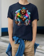 Street Style Hip Hop Bear T-Shirt - model wearing Navy T-shirt, hands in pockets, denim shirt at waist