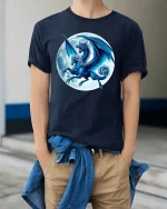 Mystic Blue Dragon Moonlight T-Shirt - model wearing Navy T-shirt, hands in pockets, denim shirt at waist
