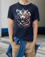 Fierce White Tiger Warrior Fantasy T-Shirt - model wearing Navy T-shirt, hands in pockets, denim shirt at waist