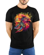Fierce Phoenix Flame Art Graphic T-Shirt - model with hands behind back, wearing Black T-shirt and blue jeans
