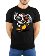 Cool Eyeball Skater Graphic T-Shirt - model with hands behind back, wearing Black T-shirt and blue jeans
