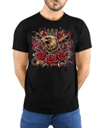 Crowned Eagle with Roses T-Shirt - model with hands behind back, wearing Black T-shirt and blue jeans