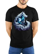 Moonlight Wolf Spirit Fantasy T-Shirt - model with hands behind back, wearing Black T-shirt and blue jeans