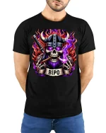 Viking Skull Warrior with Flames T-Shirt - model with hands behind back, wearing Black T-shirt and blue jeans
