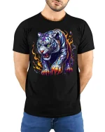 Fierce White Tiger with Flames T-Shirt - model with hands behind back, wearing Black T-shirt and blue jeans