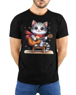 Cute Cat Playing Guitar Cartoon T-Shirt - model with hands behind back, wearing Black T-shirt and blue jeans
