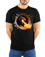 Fire Breathing Dragon Wall Break T-Shirt - model with hands behind back, wearing Black T-shirt and blue jeans