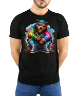 Street Style Hip Hop Bear T-Shirt - model with hands behind back, wearing Black T-shirt and blue jeans
