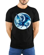 Mystic Blue Dragon Moonlight T-Shirt - model with hands behind back, wearing Black T-shirt and blue jeans