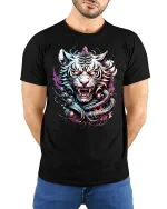 Fierce White Tiger Warrior Fantasy T-Shirt - model with hands behind back, wearing Black T-shirt and blue jeans