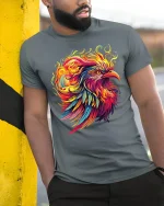 Fierce Phoenix Flame Art Graphic T-Shirt - model leaning on yellow-black pole, wearing Gray T-shirt, hand in pocket